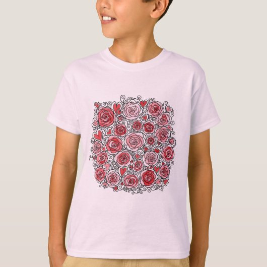 Valentine's Day Pink Red Roses Hearts Doodles  T-Shirt (Vorderseite)