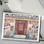 Valentine's Day Pizza Shop Aquarellkarte Karte<br><div class="desc">Schicken Sie jemanden, den Sie vermisst sind, mit dieser Karte, die ein originales Aquarellbild eines malerischen Pizzeria-Läden aus der Altstadt enthält. Die Pizza von Valentino, die im Sinne des Valentinstag kreiert wurde, zeigt in den Fenstern ein Pizzarestaurant aus Stein, in dem für den Februar eine herzförmige Pizza serviert wird. Eine...</div>