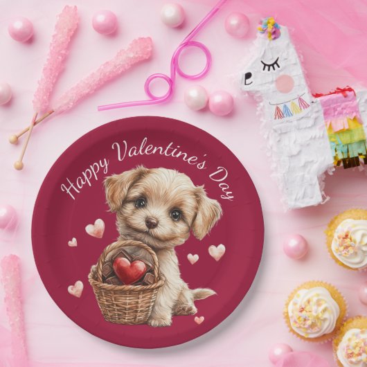 Valentine's Day Puppy Basket Red Heart Candy Pappteller (Party)