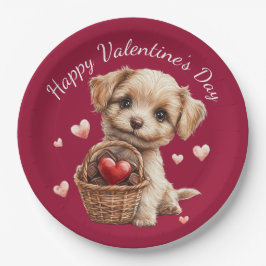 Valentine's Day Puppy Basket Red Heart Candy Pappteller