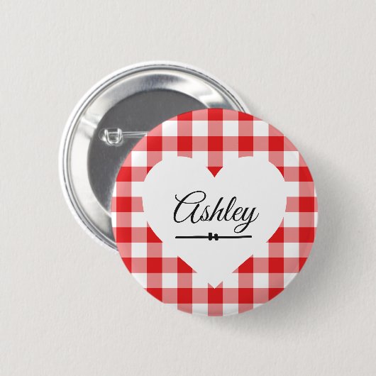 Valentine's Day Red Gingham Heart Individuelle Nam Button (Vorne & Hinten)