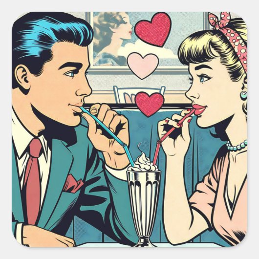 Valentine's Day | Retro Couple Drink Milkshakes Quadratischer Aufkleber (Vorderseite)