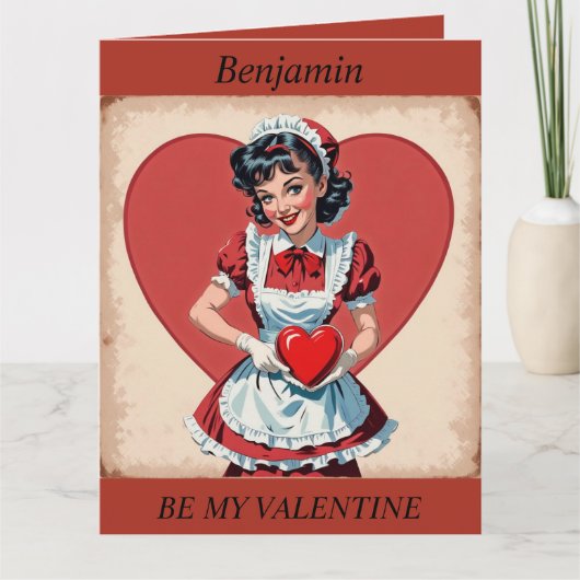 VALENTINE'S DAY Retro Maid bearbeitbare Faltkarte Karte (Vorderseite)