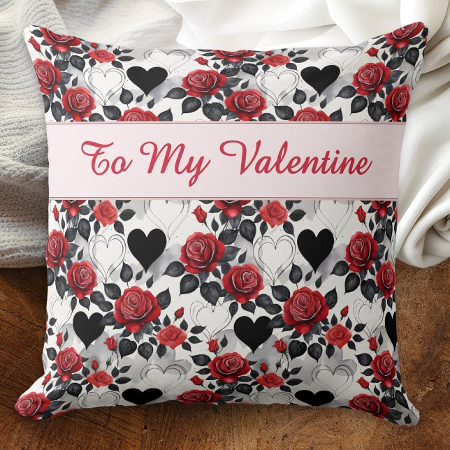 Valentine's Day Romantic Red Roses Black Hearts Kissen (A Valentine's pillow patterned with red roses and black hearts, with custom message on the back)