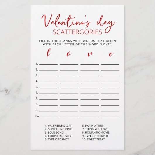 Valentine's day Scattergories bearbeitbares Spiel (Vorderseite)