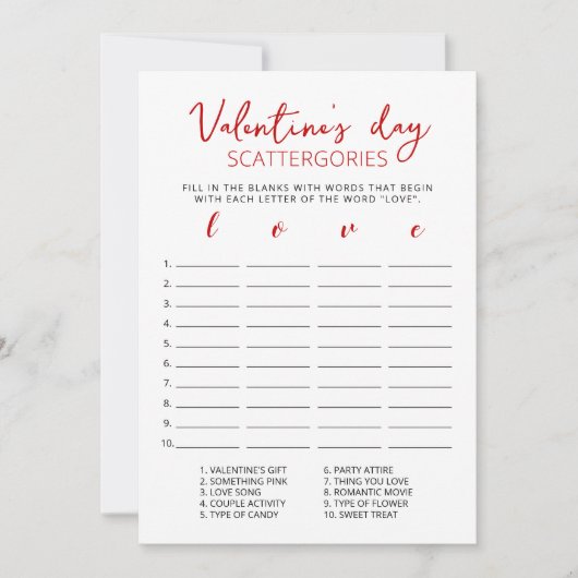 Valentine's day Scattergories editable game Card Einladung (Vorderseite)