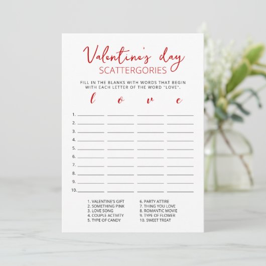 Valentine's day Scattergories editable game Card Einladung (Stehend Vorderseite)