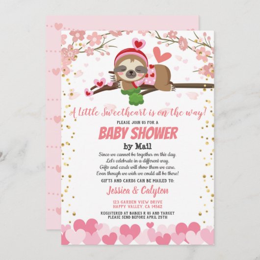 Valentine's Day Sloth Babydusche per Mail Pink Einladung (Vorne/Hinten)