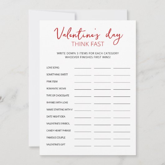 Valentine's Day Think Fast, Think Quick Party Card Einladung (Vorderseite)