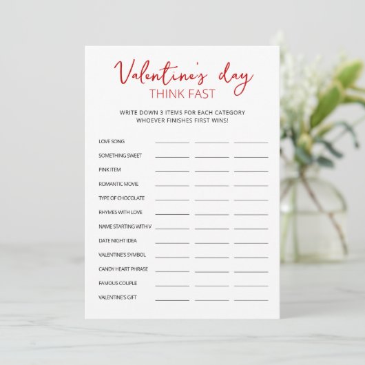 Valentine's Day Think Fast, Think Quick Party Card Einladung (Stehend Vorderseite)