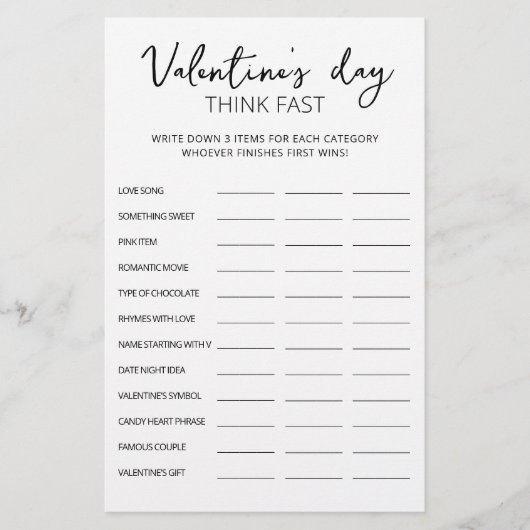 Valentine's Day Think Fast, Think Quick Party Spie (Vorderseite)