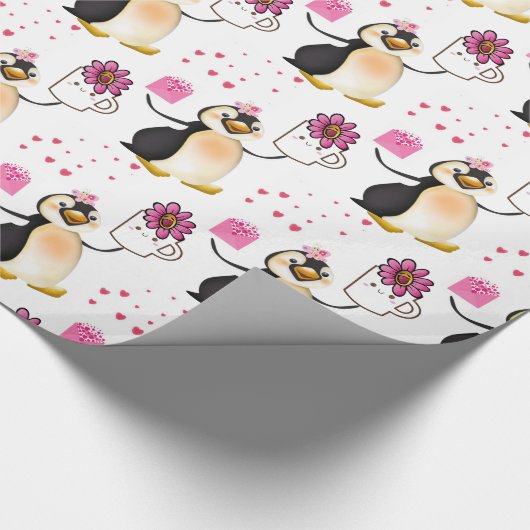 Valentine's Day Wrapping Paper Pinguin Hearts Geschenkpapier (Ecke)