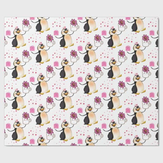Valentine's Day Wrapping Paper Pinguin Hearts Geschenkpapier (Flach)