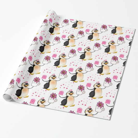 Valentine's Day Wrapping Paper Pinguin Hearts Geschenkpapier (Ungerollt)