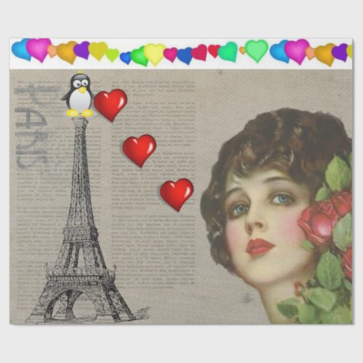 Valentine's Day Wrapping Paper Pinguin Hearts Geschenkpapier (Flach)