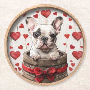 Valentines French Bulldog Runder Pappuntersetzer