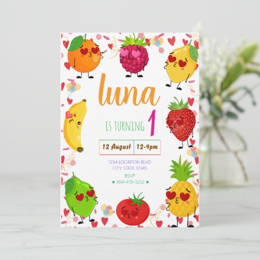 Valentine's Fruit Birthday Einladung (Stehend Vorderseite)