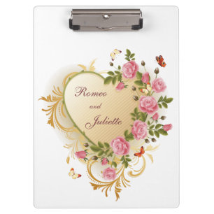 Valentines - Goldgestreiftes Herz mit Rosen Klemmbrett