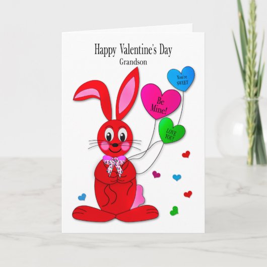 Valentines Grandson Red Bunny Heart Balloons Card Karte (Vorderseite)