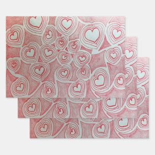 Valentines handgezeichnet Rotherz-Doodle-Muster Geschenkpapier Set