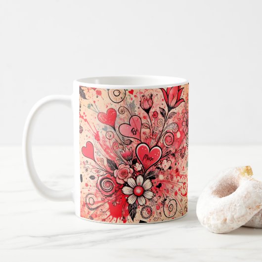 Valentines Hearts / Daisy / Spritzer Art / Sangria Kaffeetasse (Mit Donut)
