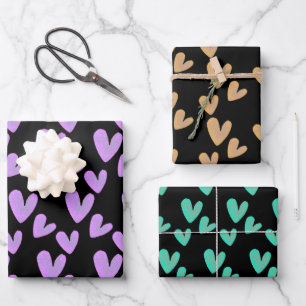 Valentines Hearts Hand bemalt Wasserfarben Geschenkpapier Set