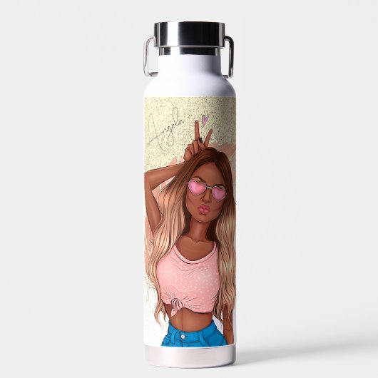 Valentines Imitate Glitzer Girl Tan Haar Braun Ros Trinkflasche (Vorne)