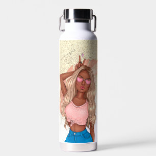 Valentines Imitats Glitzer Girl Tan Wavy Hair Trinkflasche