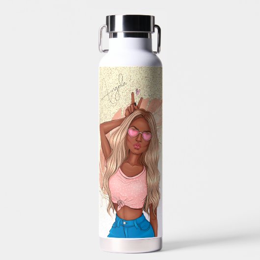 Valentines Imitats Glitzer Girl Tan Wavy Hair Trinkflasche (Vorne)