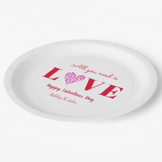 Valentines Liebe Script Red White Pappteller (Schrägansicht)