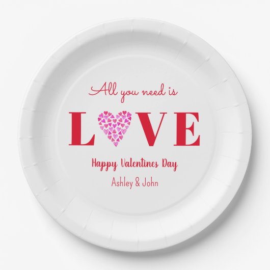 Valentines Liebe Script Red White Pappteller (Vorderseite)