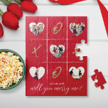Valentine's Marriage Proposal Will You Merry Me XO Puzzle<br><div class="desc">Pop the question on valentine's day with our fun and trendy, will you marry me? custom 5 photo layout jigsaw puzzle. Our design features a fun tic tac toe design with heart shapes for you to add your own images. "Will you marry me?" is designed in a trendy black typographic...</div>