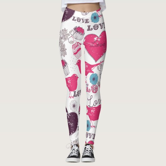 Valentines Muster Rote Herzen & Vögel Leggings (Vorderseite)