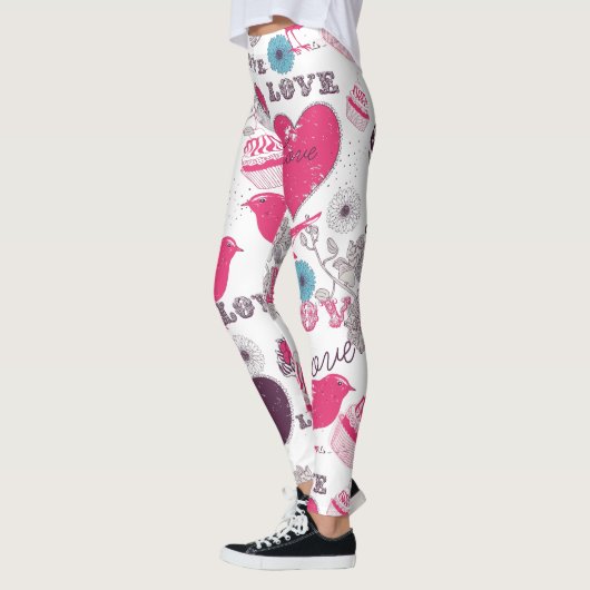 Valentines Muster Rote Herzen & Vögel Leggings (Links)