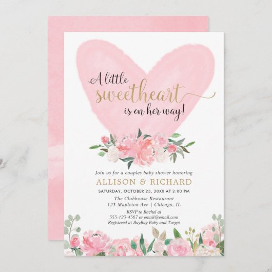 Valentines Paare Babydusche, rosa goldenes Herz Einladung (Vorne/Hinten)