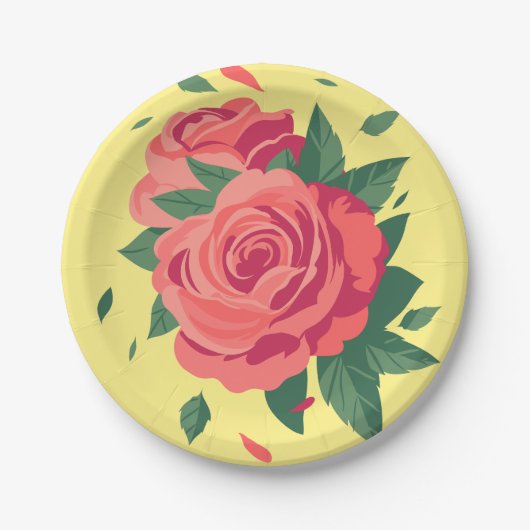 Valentines Party Teller rosa Rosen auf gelb (Vorderseite)