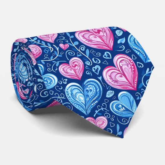 Valentine's Pretty Blue and Pink Hearts Krawatte (Gerollt)