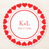 Valentine's Red Hearts Circle Custom Text Runder Pappuntersetzer (Vorderseite)