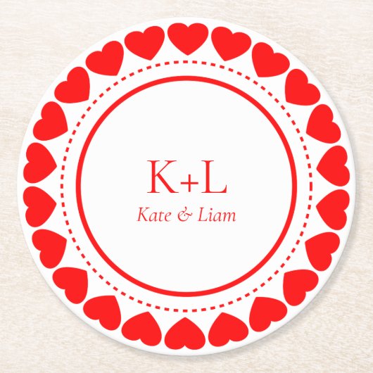 Valentine's Red Hearts Circle Custom Text Runder Pappuntersetzer (Vorderseite)