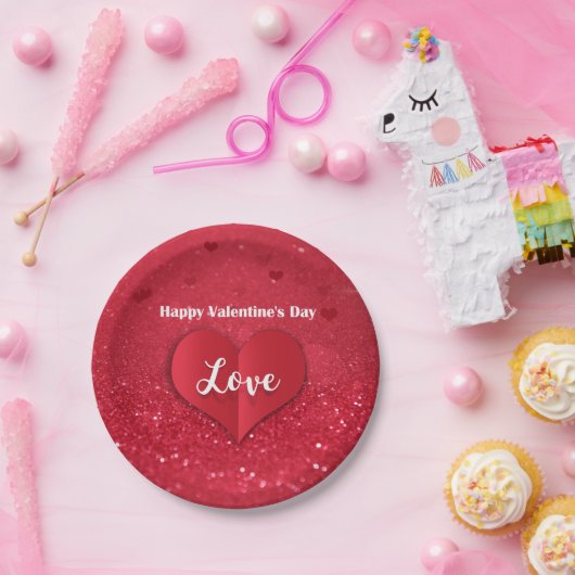Valentines Red Paper Heart Glitzer - Papierplatte Pappteller (Party)