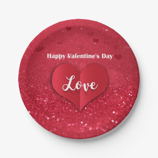 Valentines Red Paper Heart Glitzer - Papierplatte Pappteller (Vorderseite)