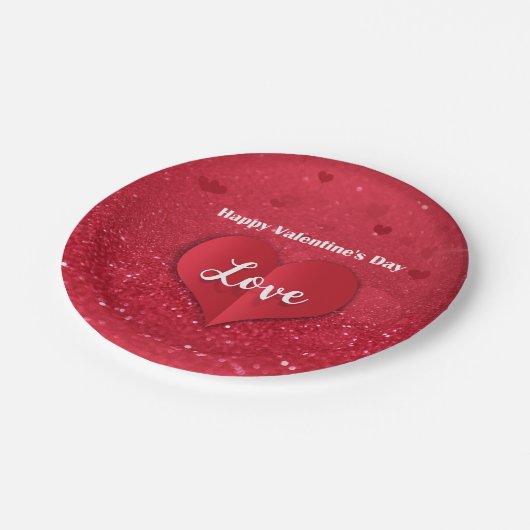 Valentines Red Paper Heart Glitzer - Papierplatte Pappteller (Schrägansicht)