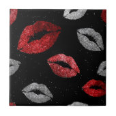 Valentines Red Silver Glitter Lips on Black  Fliese (Vorderseite)