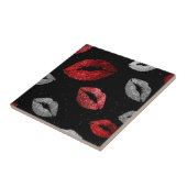 Valentines Red Silver Glitter Lips on Black  Fliese (Seite)
