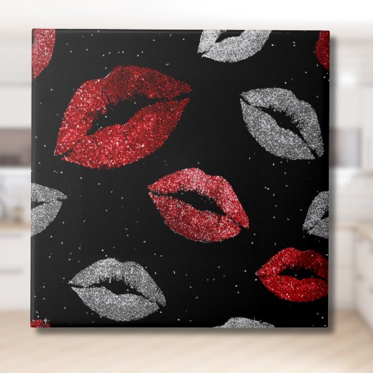 Valentines Red Silver Glitter Lips on Black  Fliese