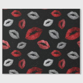 Valentines Red Silver Glitter Lips on Black Geschenkpapier (Flach)