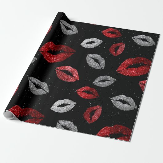 Valentines Red Silver Glitter Lips on Black  Geschenkpapier (Ungerollt)
