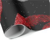 Valentines Red Silver Glitter Lips on Black Geschenkpapier (Rolleneckpunkt)