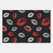 Valentines Red Silver Glitter Lips on Black Geschenkpapier Set (Vorderseite)