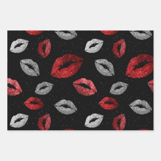 Valentines Red Silver Glitter Lips on Black Geschenkpapier Set (Vorderseite)